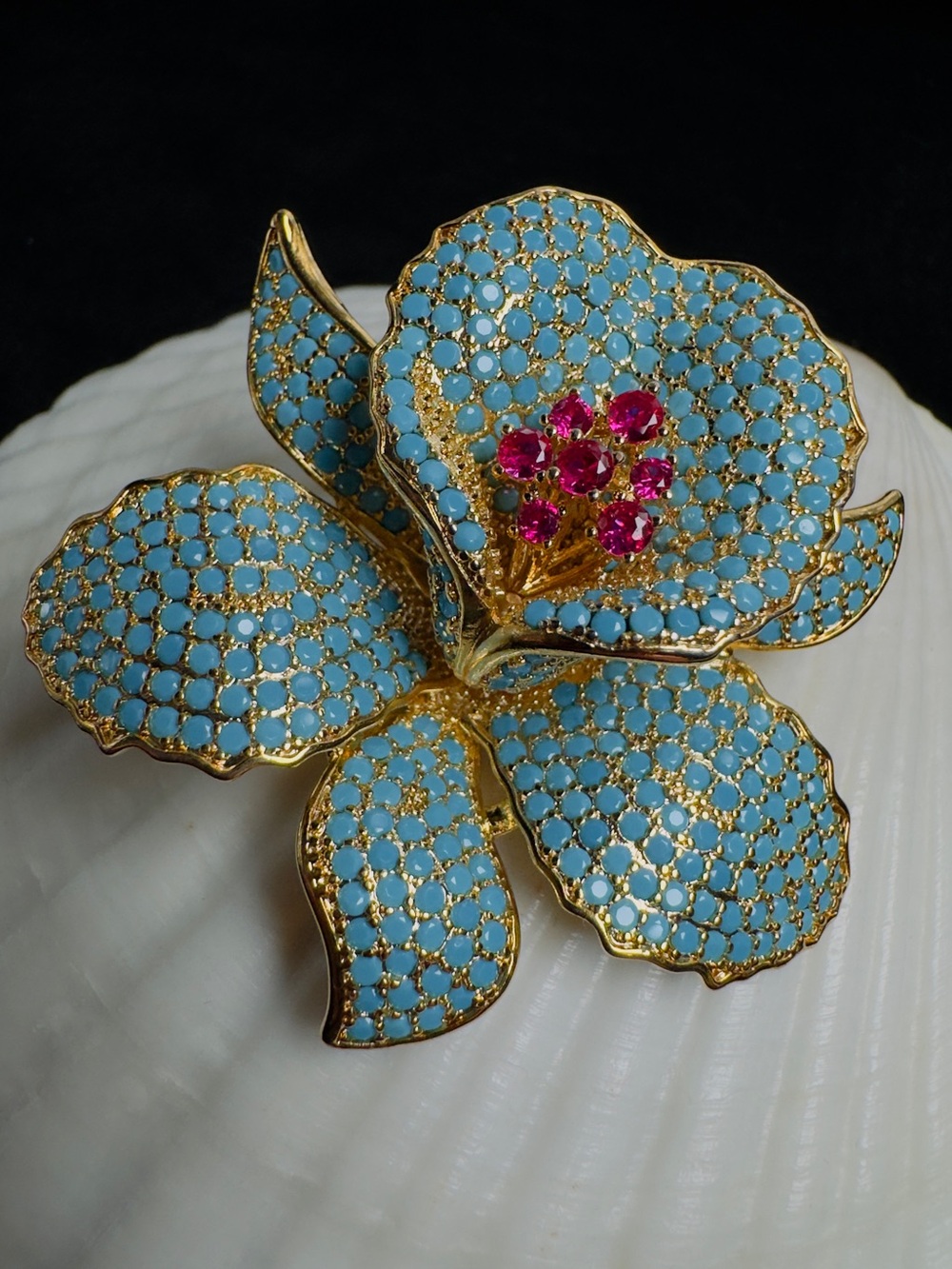 Turquoise Floral Statement Brooch Gold Plated Pavé Pin